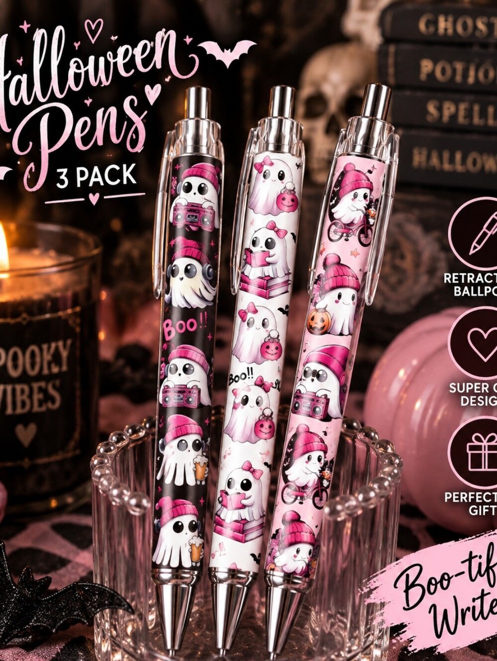 Halloween Ghost Retractable Ballpoint Pens – Pink, 3-Pack